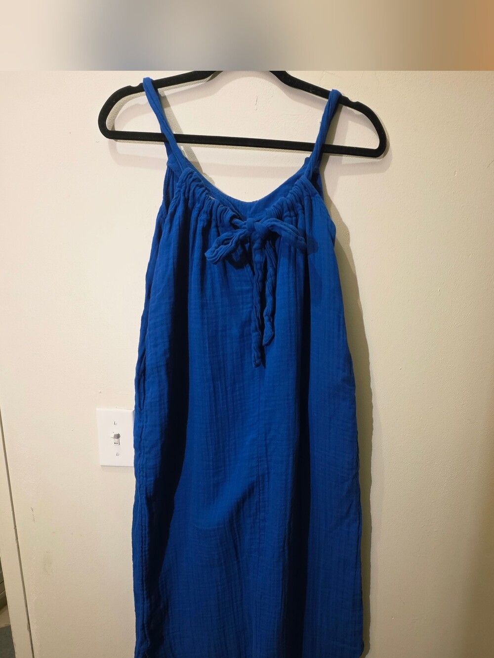 Strappy Gauzy Cotton Midi Summer Dress Pocket Royal Blue Oversize XS Beach Comfy